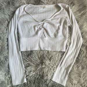 Z Supply White Ribbed Twist-Front Long Sleeve Cropped Top